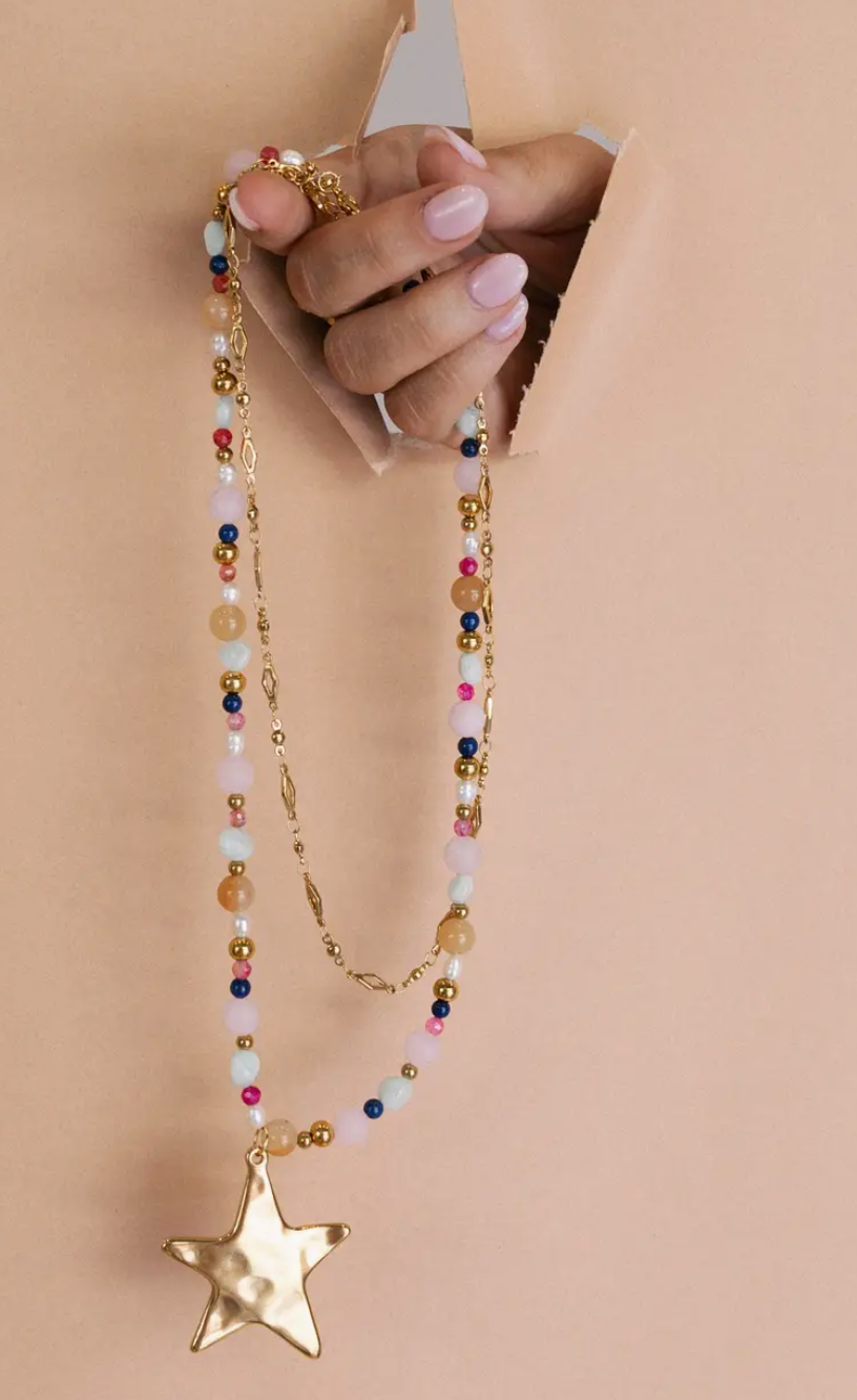 Ziggy Star Layered Necklace - Pink