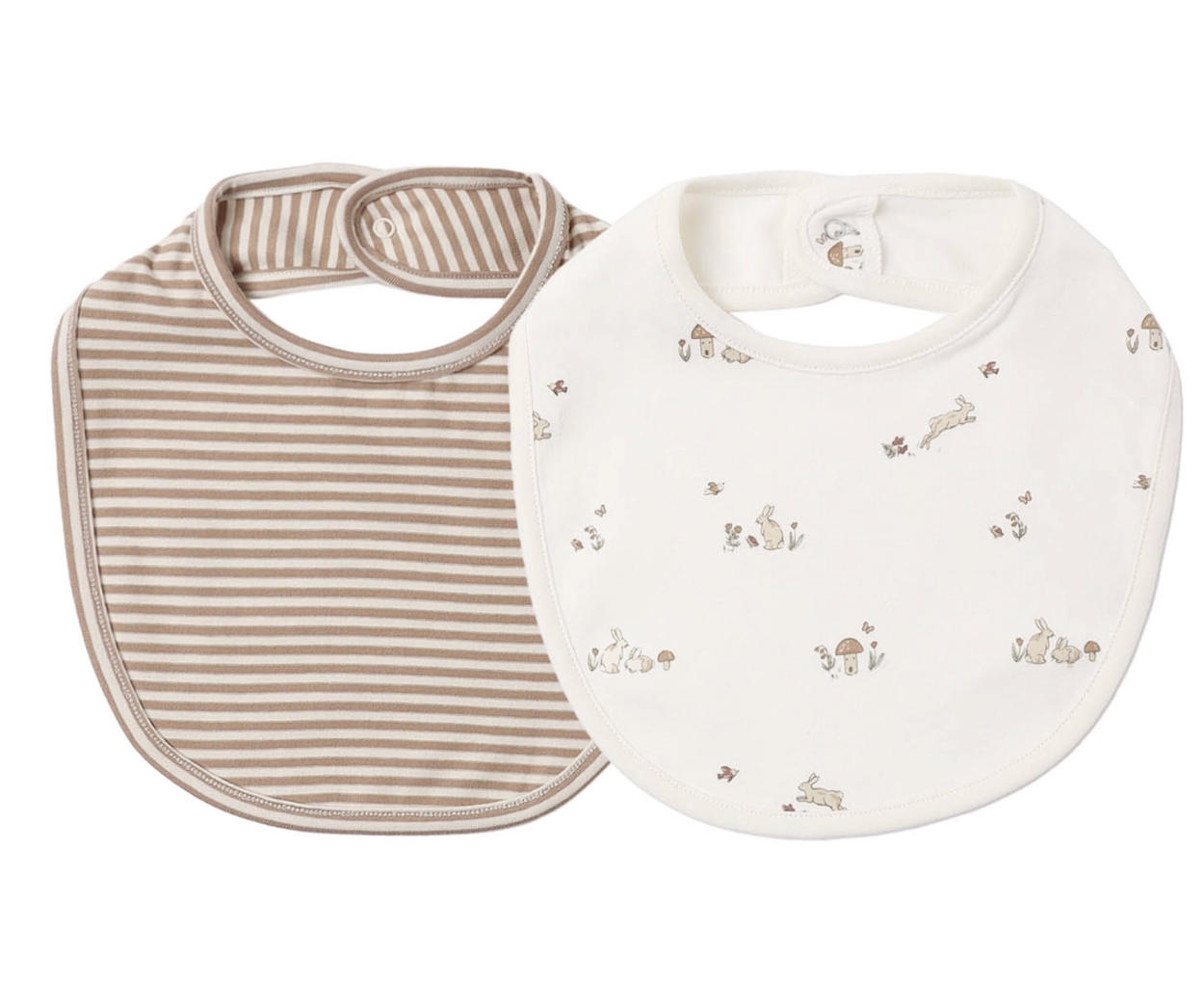 JERSEY SNAP BIB, 2 PACK BUNNIES, ALMOND STRIPE
