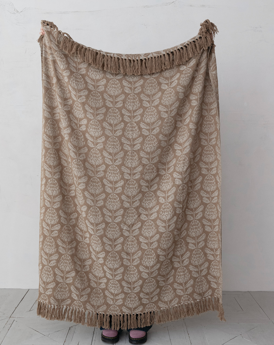 60"L x 50"W Woven Recycled Cotton Blend Jacquard Throw with Floral Pattern & Fringe