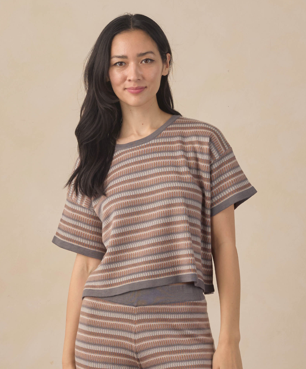WOMEN'S BOXY CROP KNIT TEE MULTI-STRIPE
