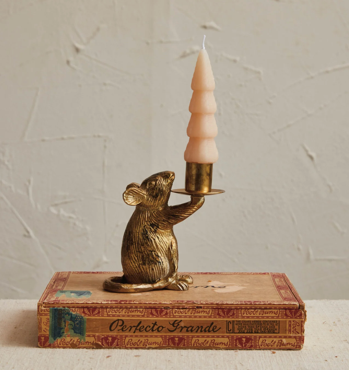 Cast Aluminum Mouse Taper Holder, Antique Gold Finish