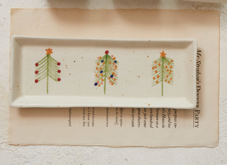 Hand-Painted Stoneware Platter w/ Christmas Trees, Multi Color Speckled