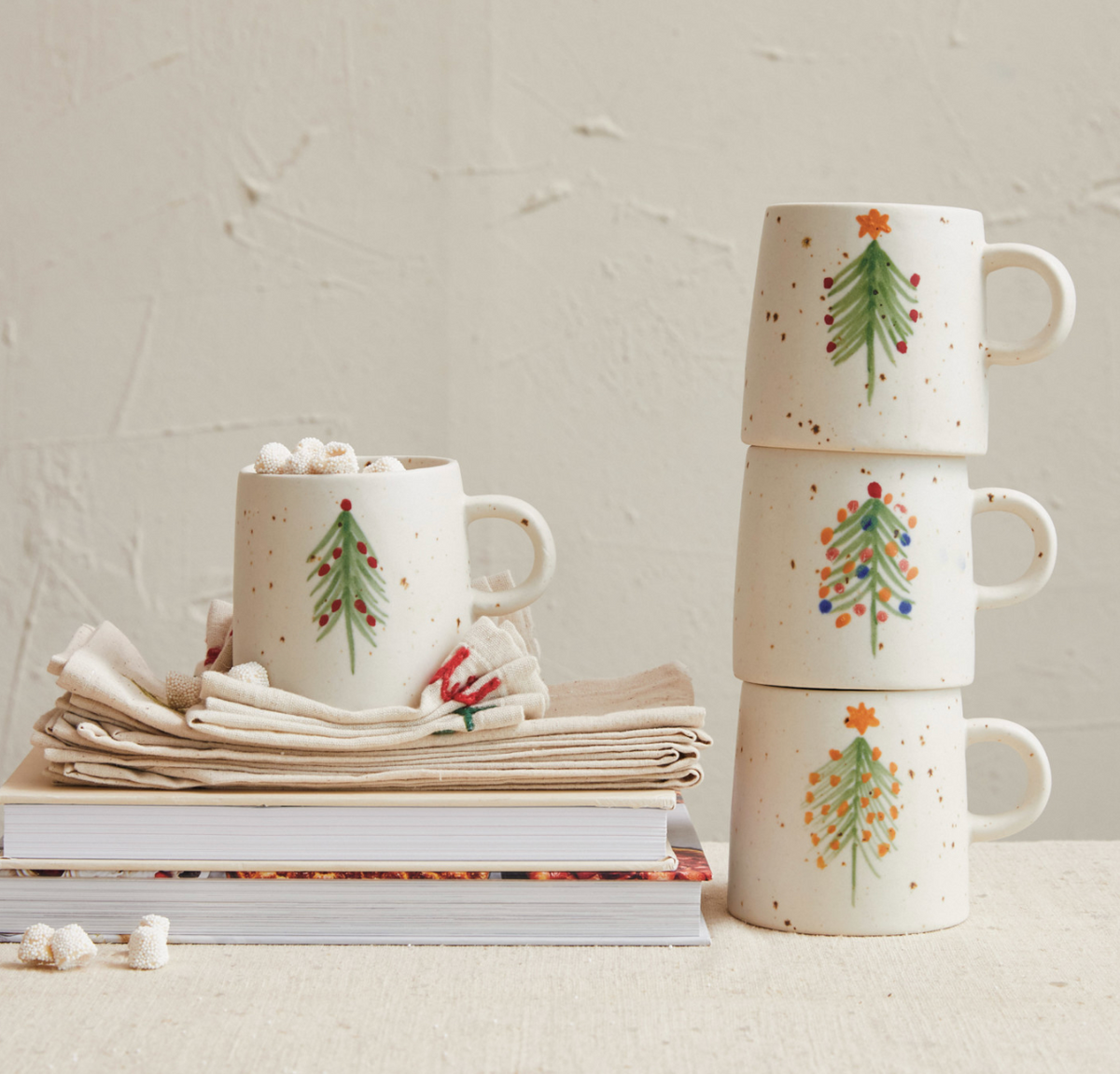 12 oz. Hand-Painted Stoneware Mug w/ Christmas Tree, 4 Styles