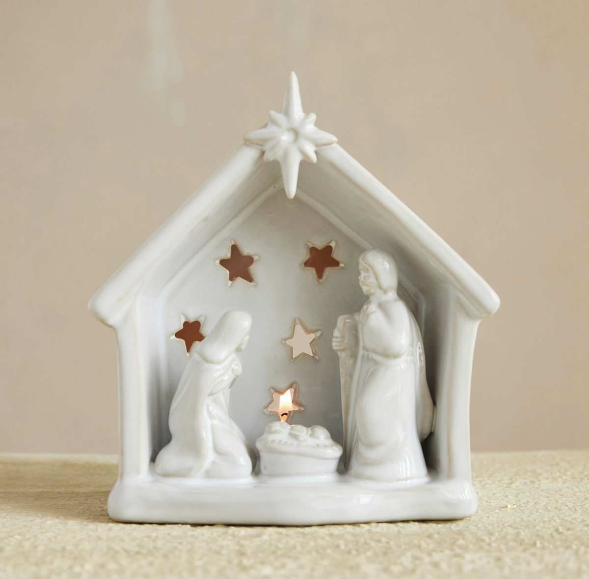 Stoneware Holy Family Tealight Holder with Star Cut-Outs, White