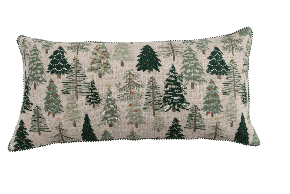 Cotton & Linen Slub Printed Lumbar Pillow with Tree Pattern, Beads & Mini Pom Pom Trim