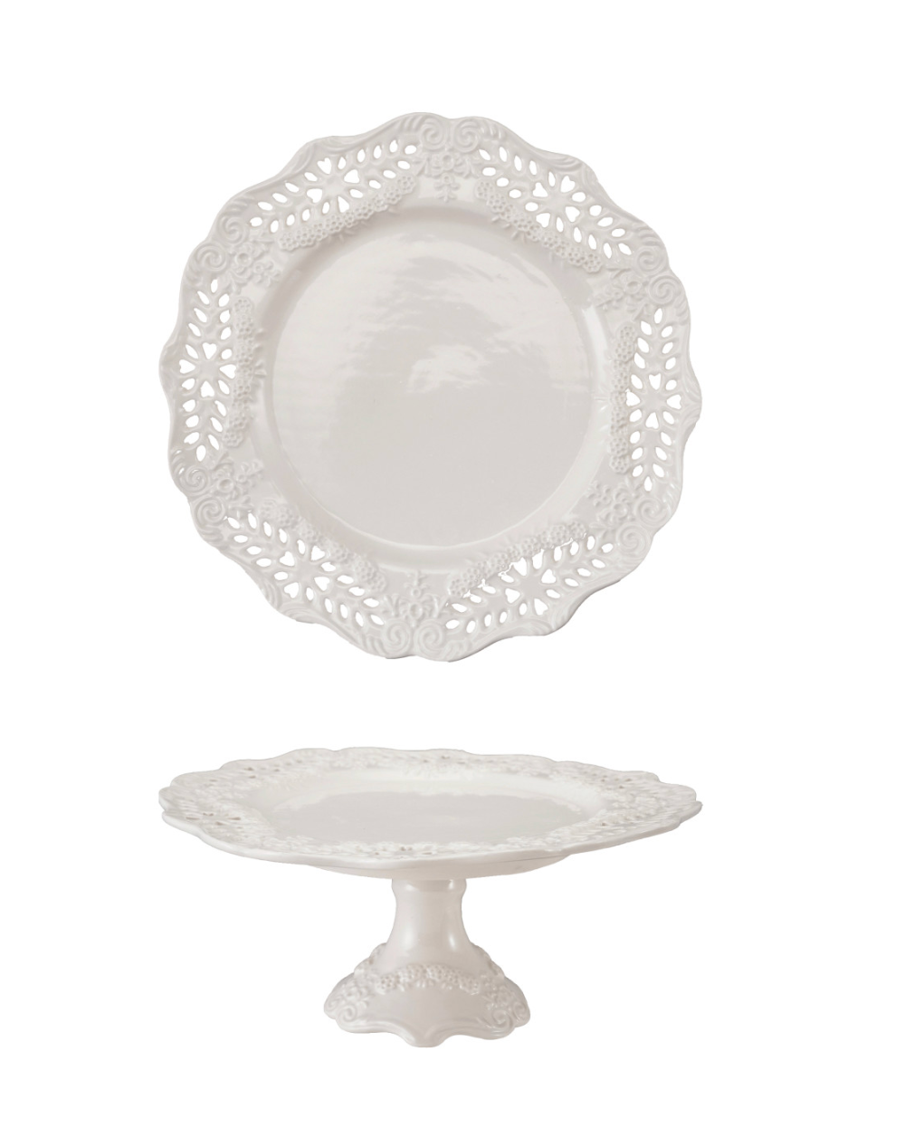Stoneware Scalloped Pedestal with Pierced Lace Pattern, White