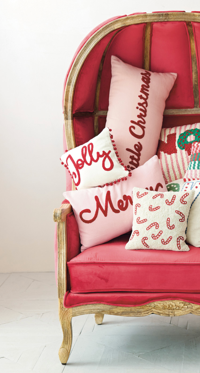 12" Square Cotton Slub Pillow with Pom Pom Trim & Tufted "Jolly"