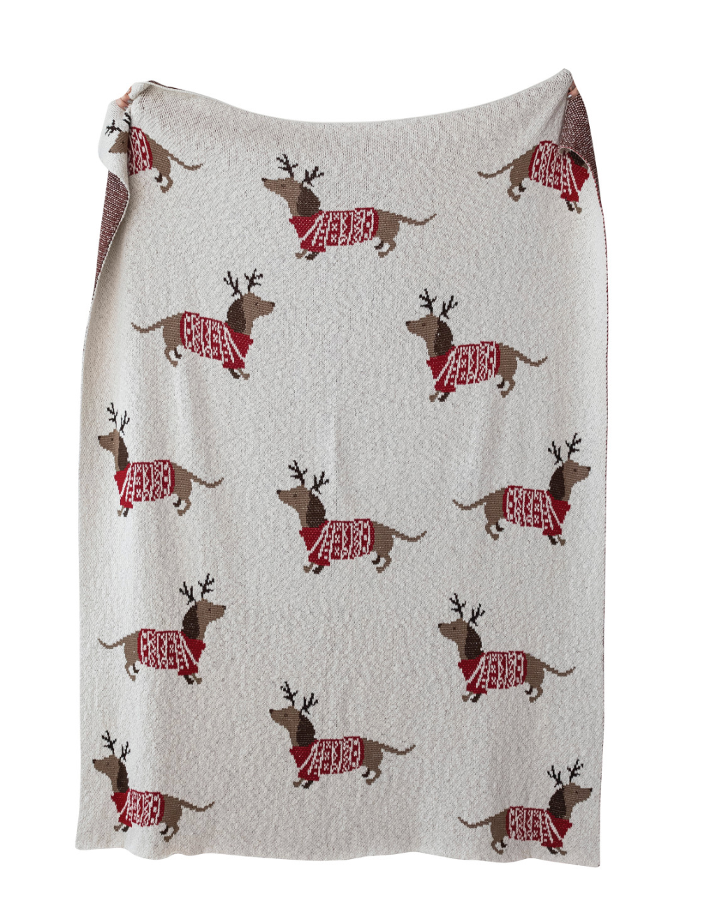 Cotton Knit Throw with Daschunds in Antlers & Sweaters