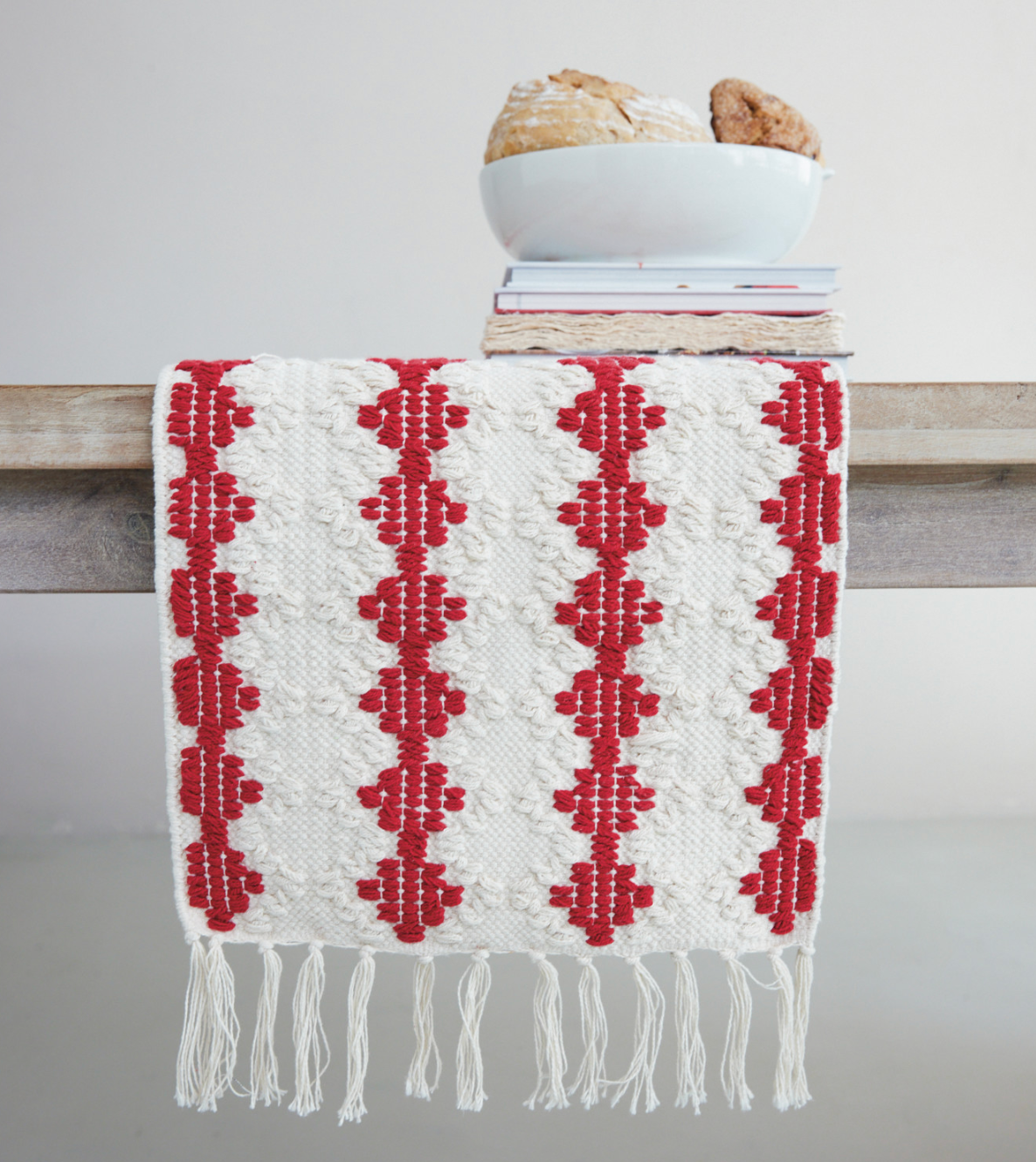 Woven Cotton Tufted Table Runner with Diamond Pattern & Tassels