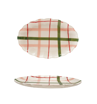 Hand-Painted Stoneware Scalloped Platter with Plaid Pattern