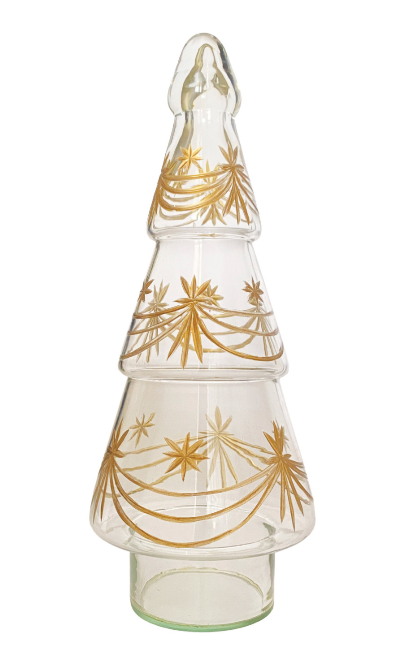 Hand-Blown Etched Glass Tree with Design- Large