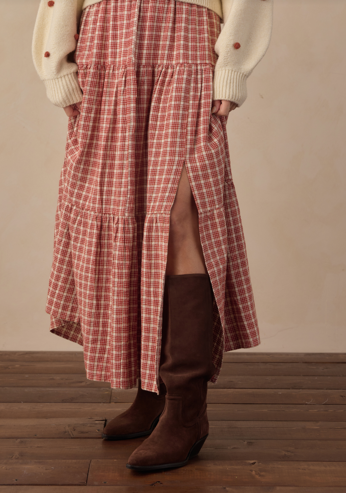 WOMEN'S TIERED MIDI SKIRT VINTAGE PLAID
