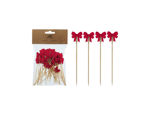 Bamboo Single Use Picks w/ Bow Shaped Handles, Natural & Red, Set of 50