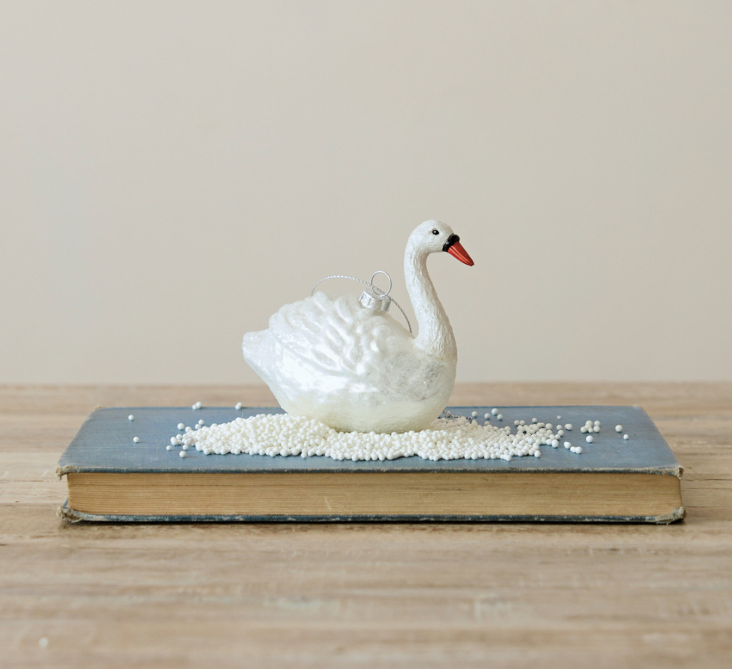 Hand-Painted Glass Swan Ornament with Glitter