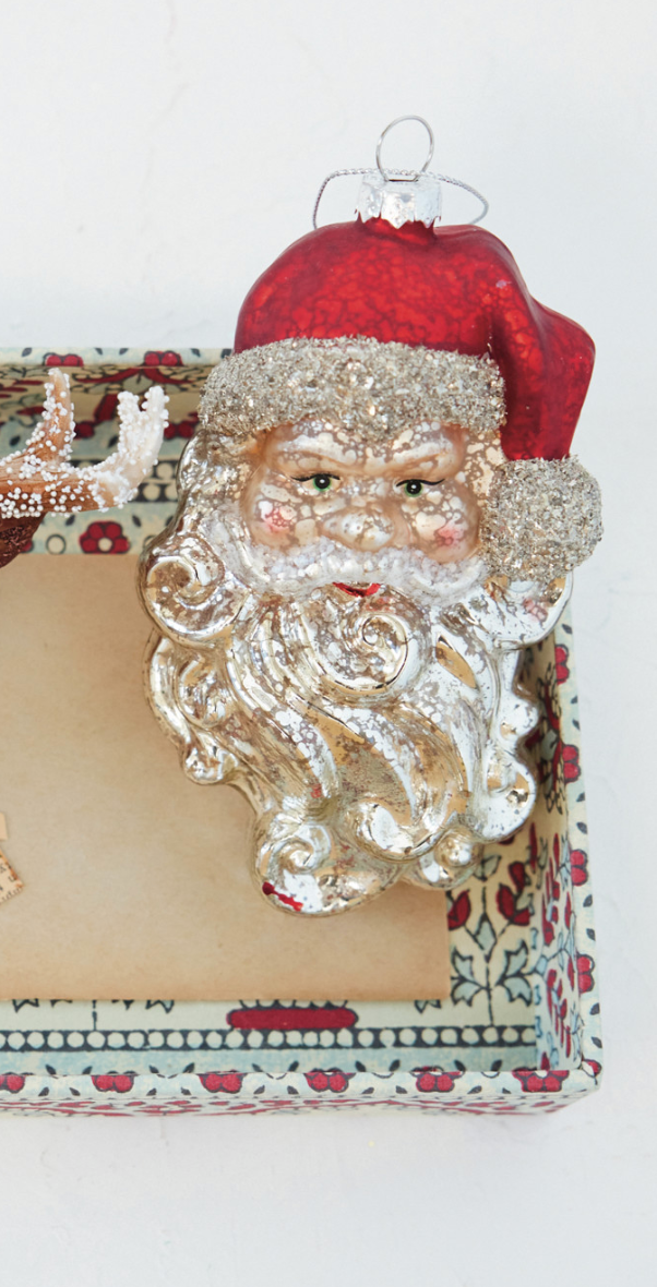 Hand-Painted Mercury Glass Santa Head Ornament with Mica Flakes