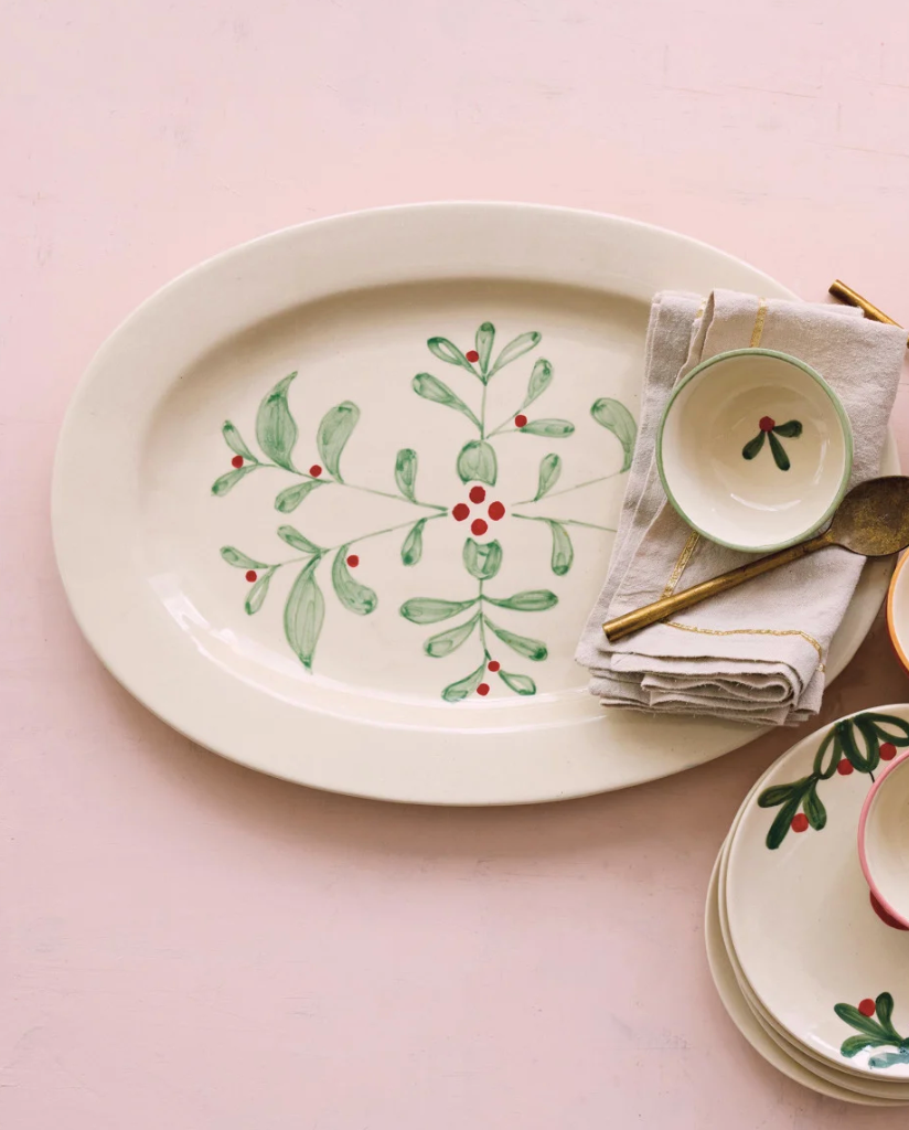 Hand-Painted Stoneware Platter with Mistletoe