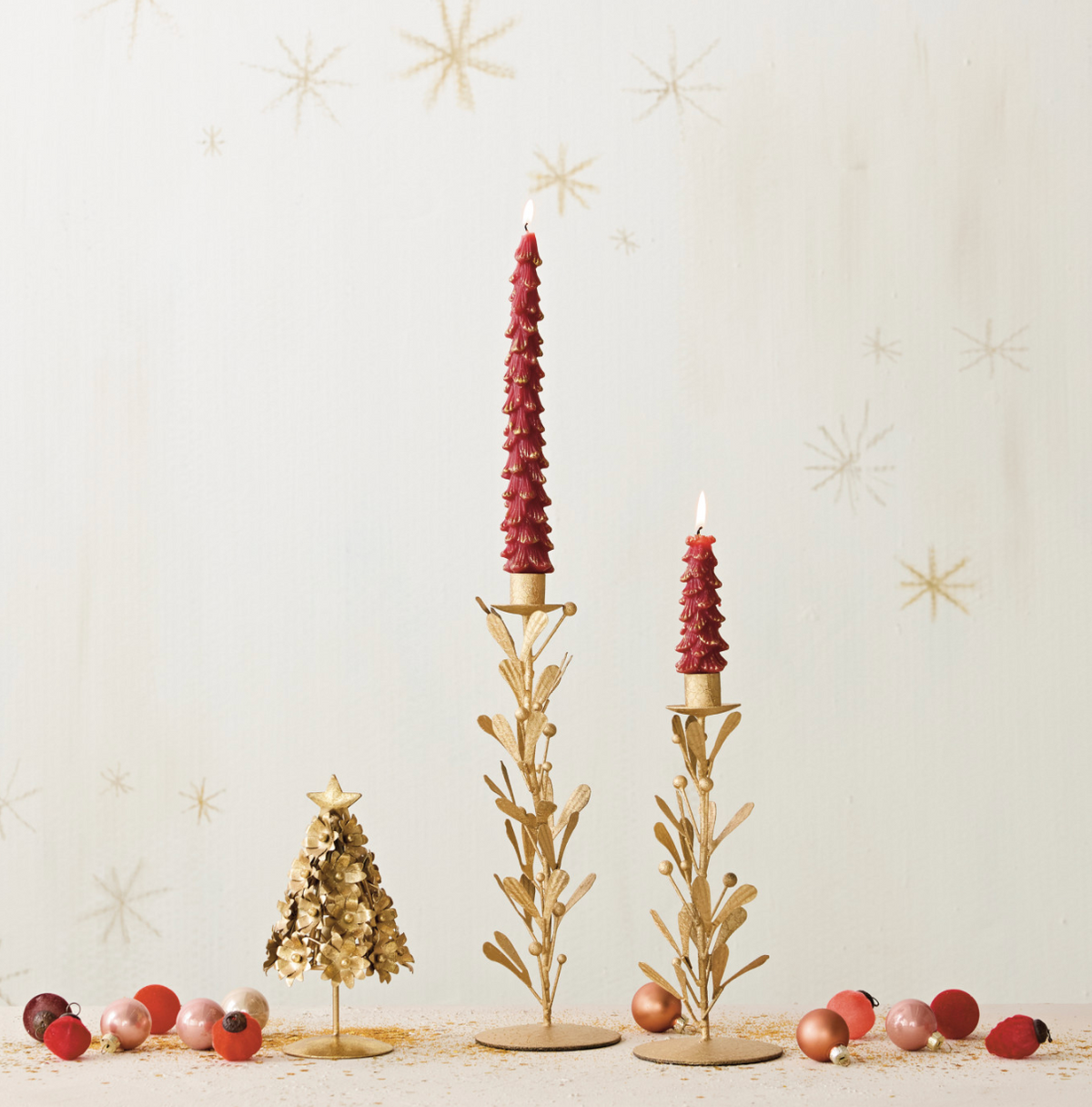 Handmade Metal & Acrylic Bead Mistletoe Taper Holder, Distressed Antique Gold Finish