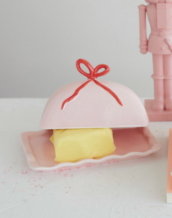 Hand-Painted Stoneware Scalloped Butter Dish with Bow